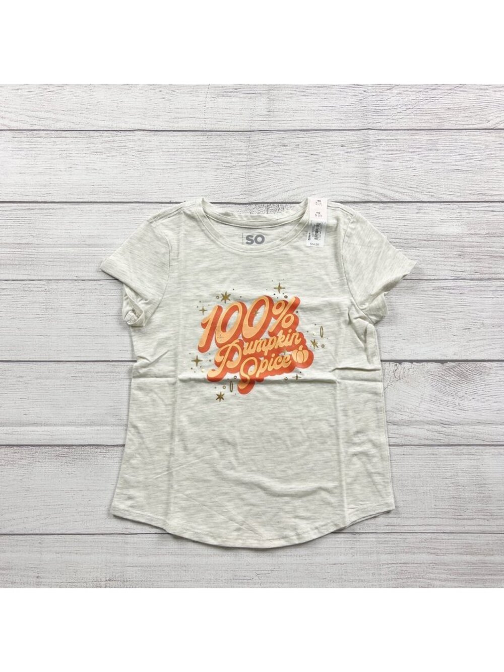 SO Girls 100% Pumpkin Spice Graphic Short Sleeve Tee Ivory NWT S 7 - Picture 1 of 3